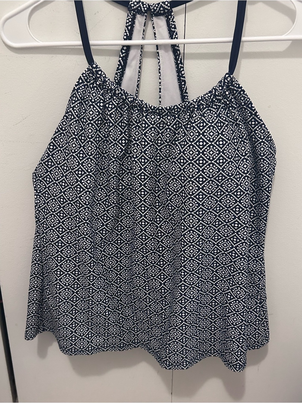 Kona Sol Navy and White Geo-Print Halter Tankini Swim Top